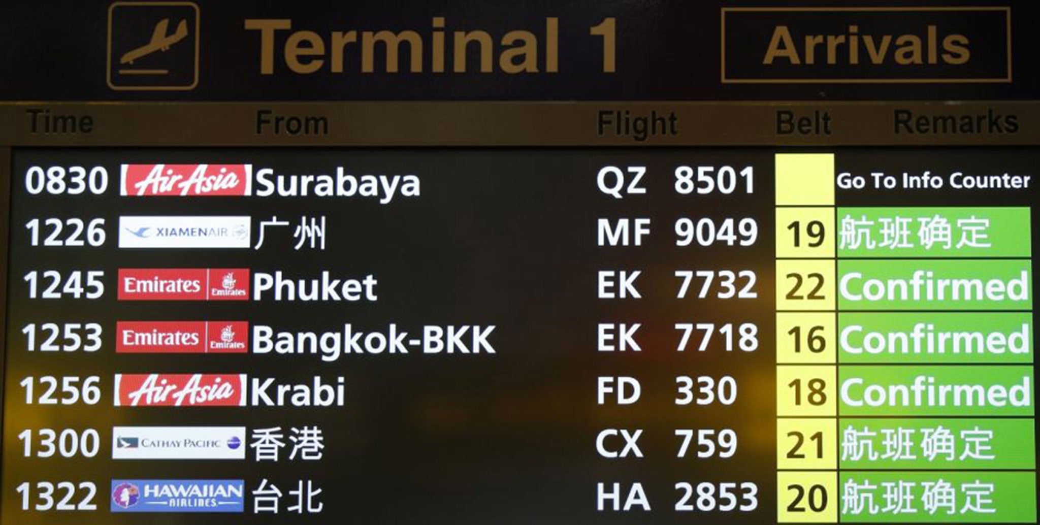 A flight information signboard shows the status of AirAsia flight QZ8501 fromSurabaya to Singapore at Changi Airport