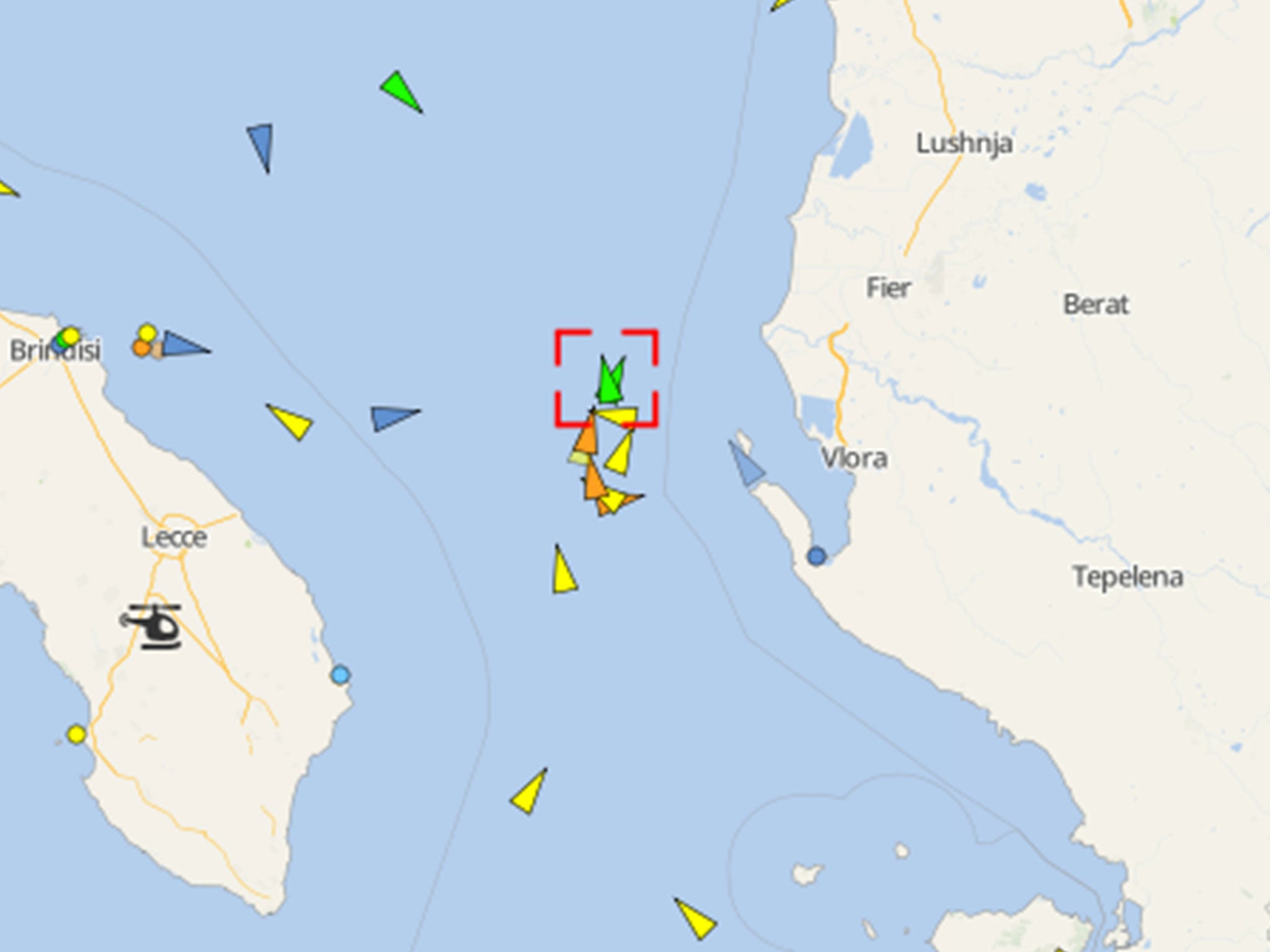 An image from vesselfinder.com showing the location of the Norman Atalntic off the coast of Italy's 'heel' (left)