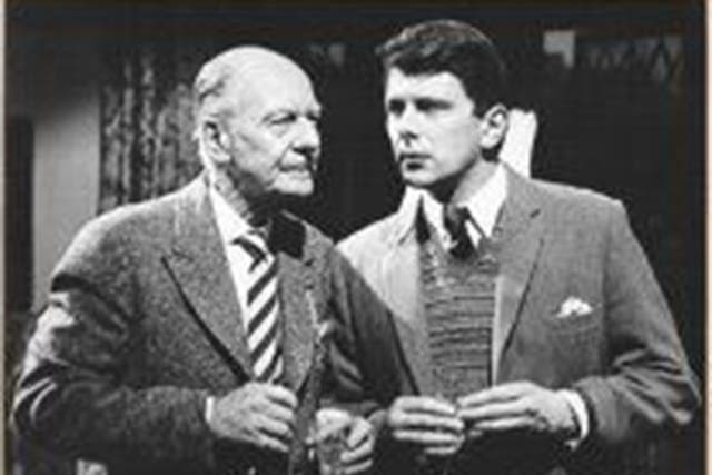 Scoular, right, with Sir John Gielgud in a 1981 TV adaptation of Agatha Christie’s Seven Dials Mystery