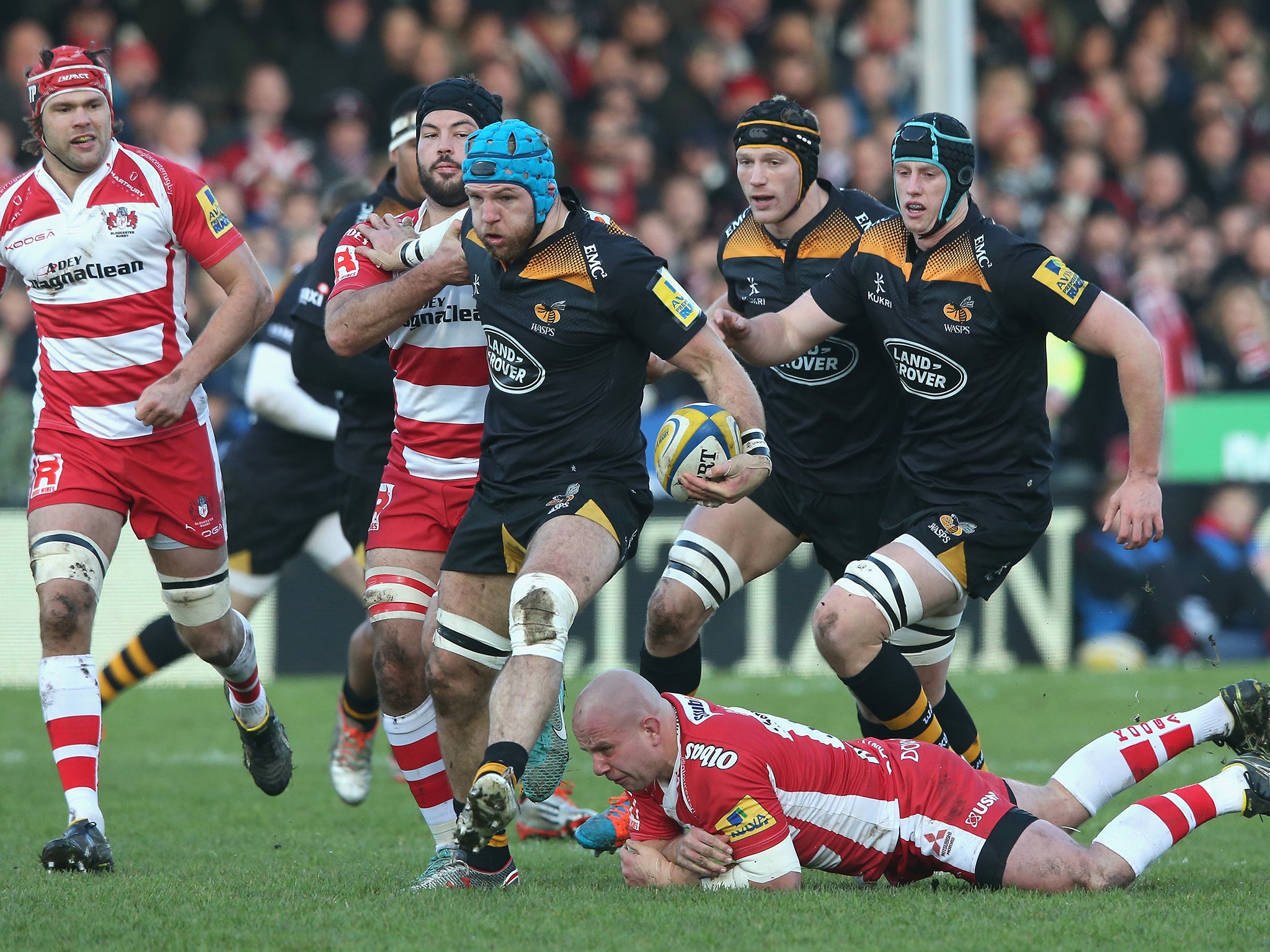 James Haskell of Wasps charges upfield during the Aviva Premiership match between Gloucester and Wasps at Kingsholm Stadium