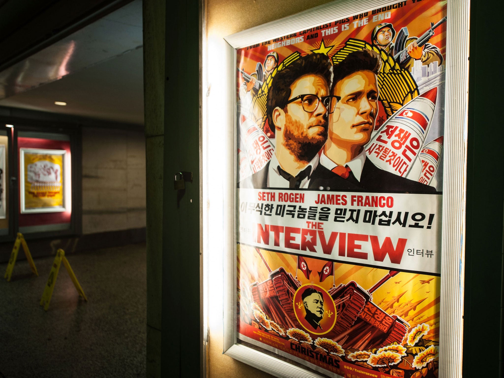 A poster for The Interview at the Plaza Theatre on Christmas Day 2014 in Atlanta, Georgia