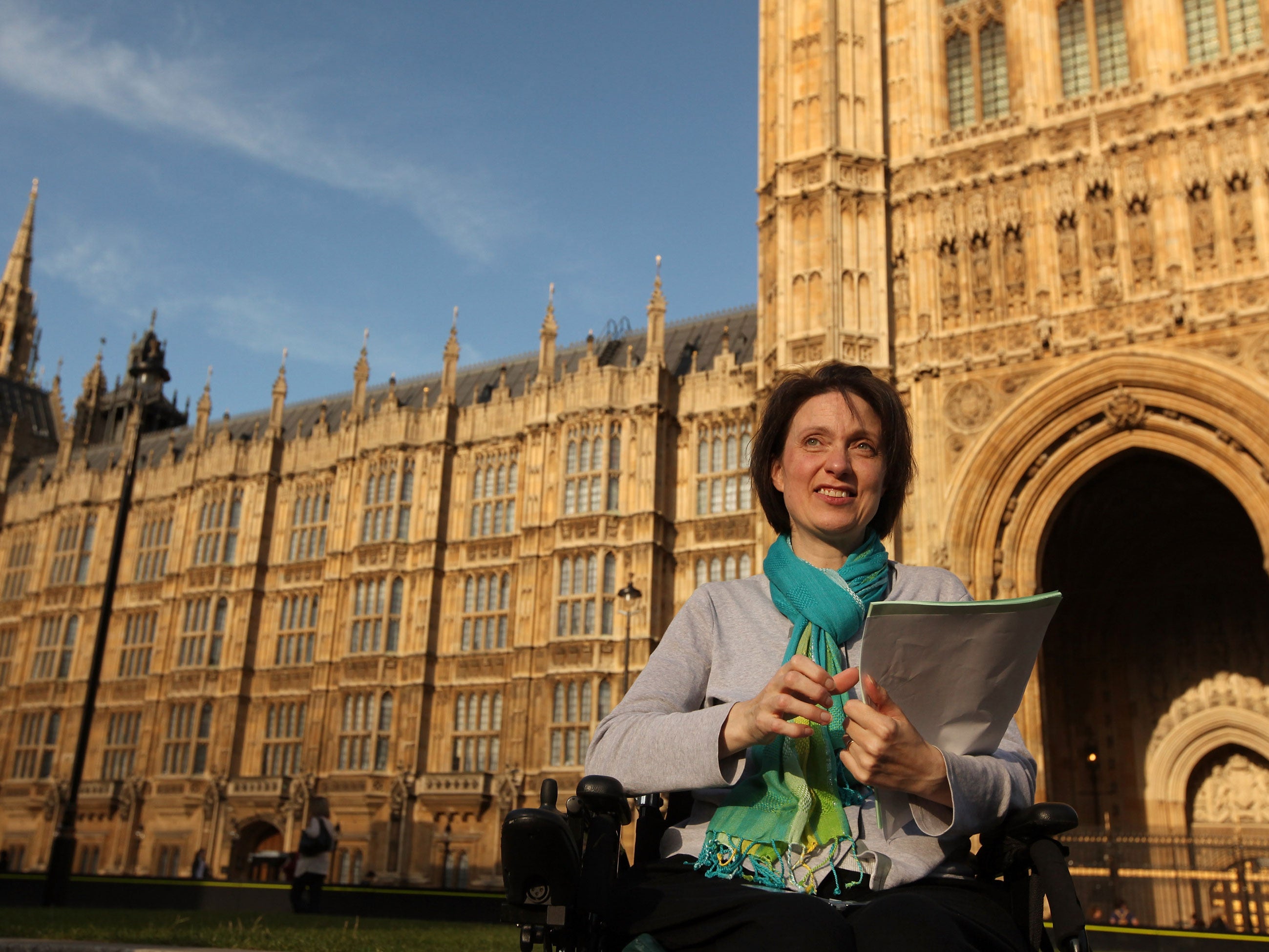 Debbie Purdy from Bradford pictured in front of the House of Lords following the Law Lords historic decision to clarify the law on assisted suicide on July 30, 2009