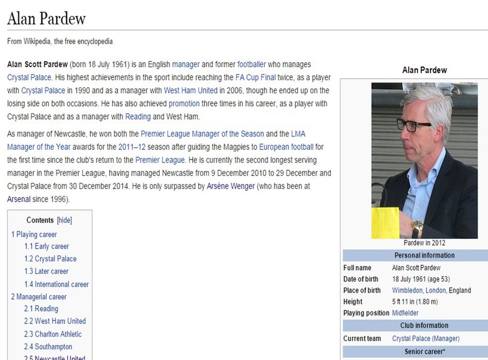 Alan Pardew Is The New Manager Of Crystal Palace According To Wikipedia The Independent The Independent