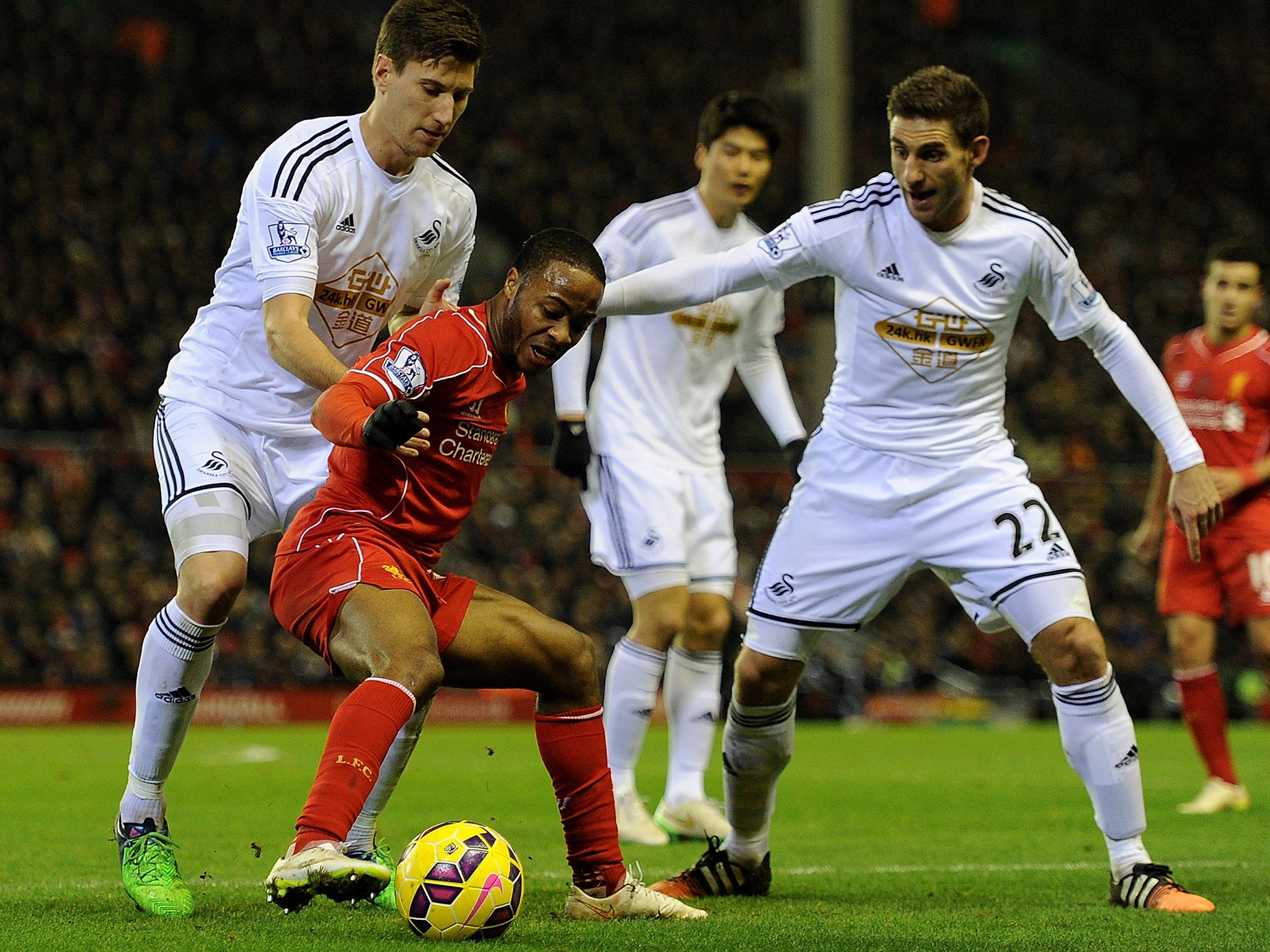Liverpool forward Raheem Sterling in action against Swansea