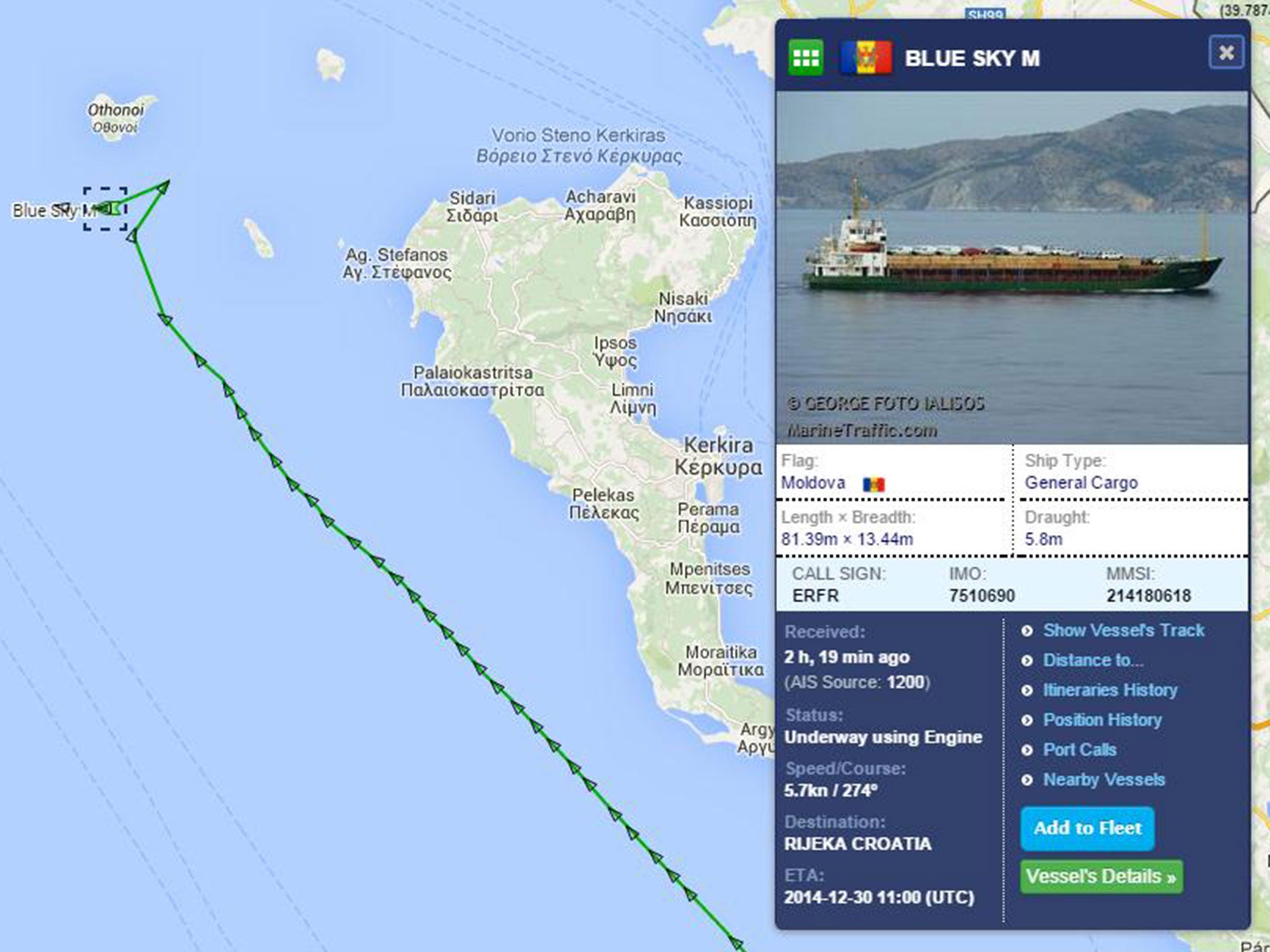 Marine Traffic's track of Blue Sky M's route shows a sharp turn