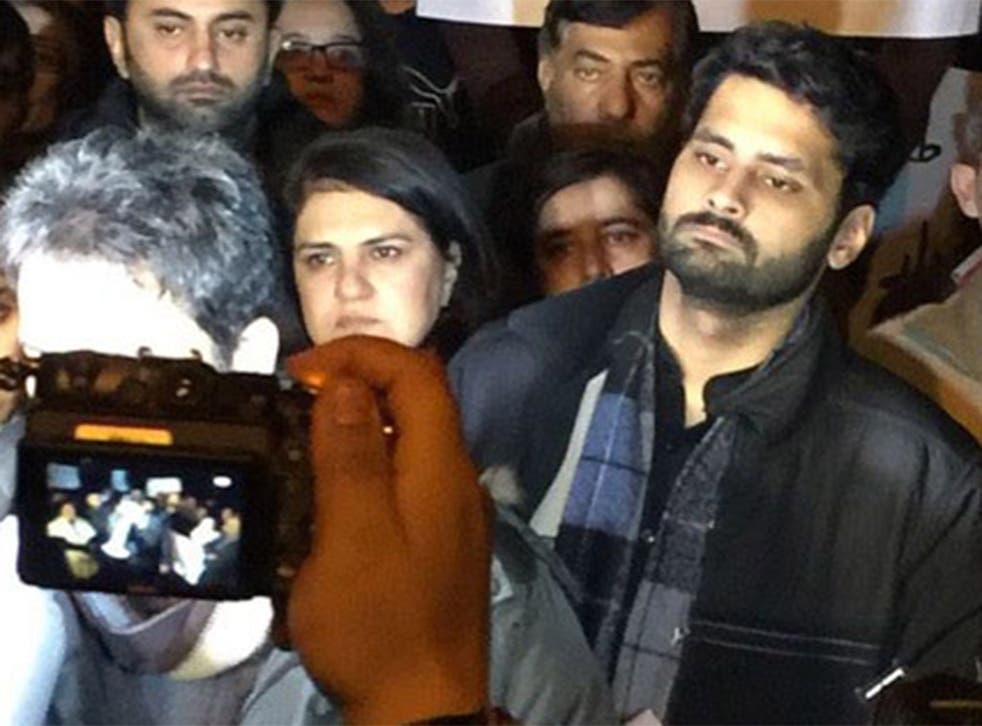 Jibran Nasir (right) protests at the Red Mosque in Islamabad