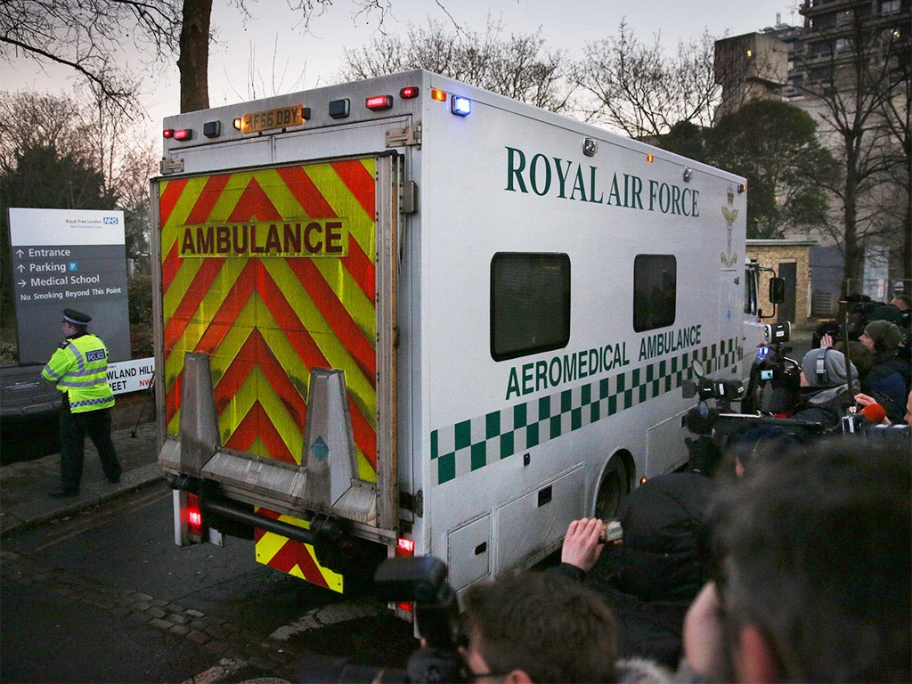 The convoy carrying Pauline Cafferkey arrives at The Royal Free hospital in London