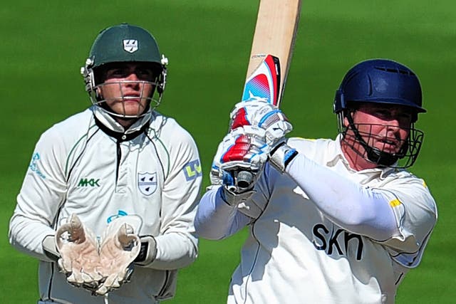 Ian Blackwell hits out during the twilight of his career at Warwickshire in 2012