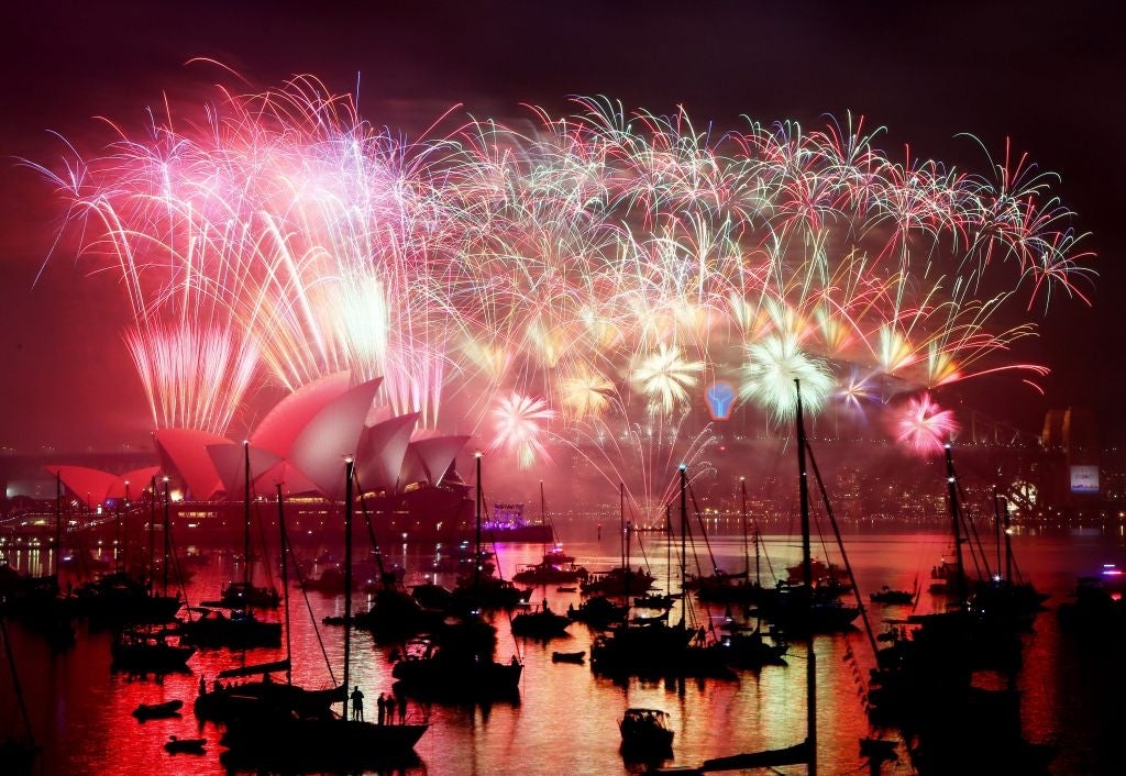 Fireworks above Sydney Opera House and the Sydney Harbour Bridge