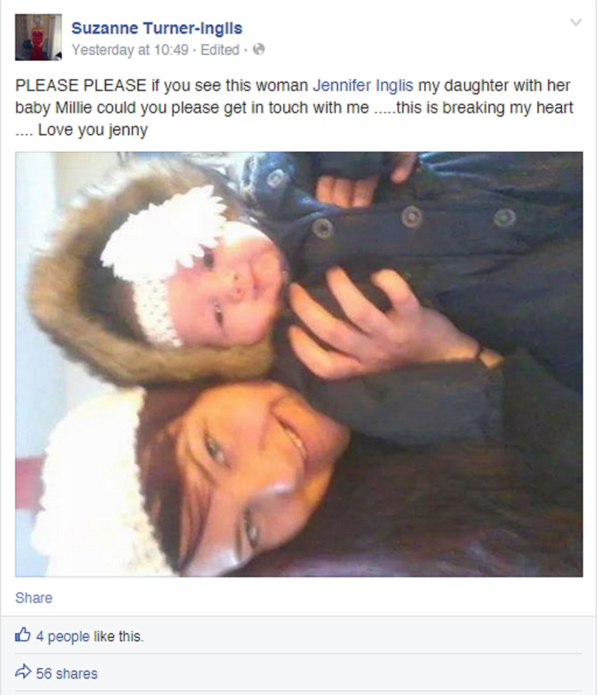 The mother of Jennifer Inglis posted this plea on Facebook