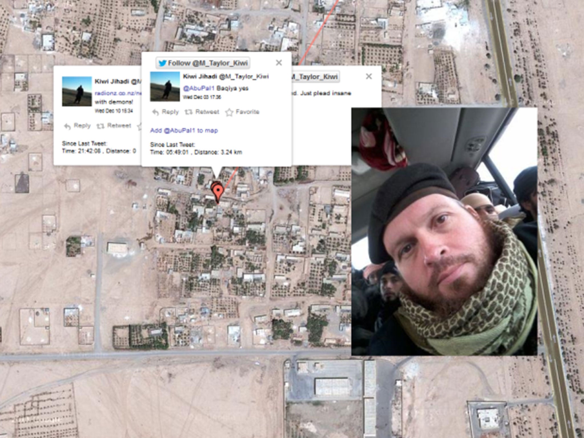 Some of Mark John Taylor's tweets, pinpointing his location in Syria
