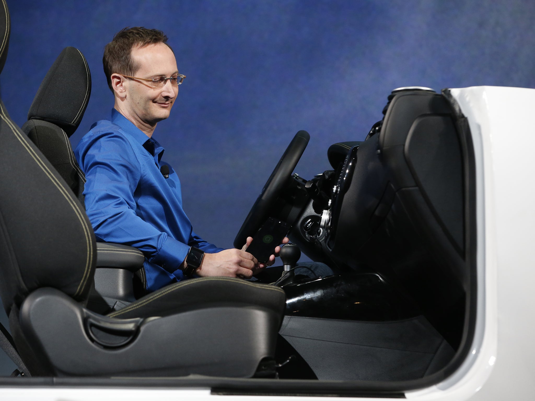 A presenter demonstrates Android Auto on stage during the Google I/O Developers Conference at Moscone Center on June 25, 2014 in San Francisco, California.