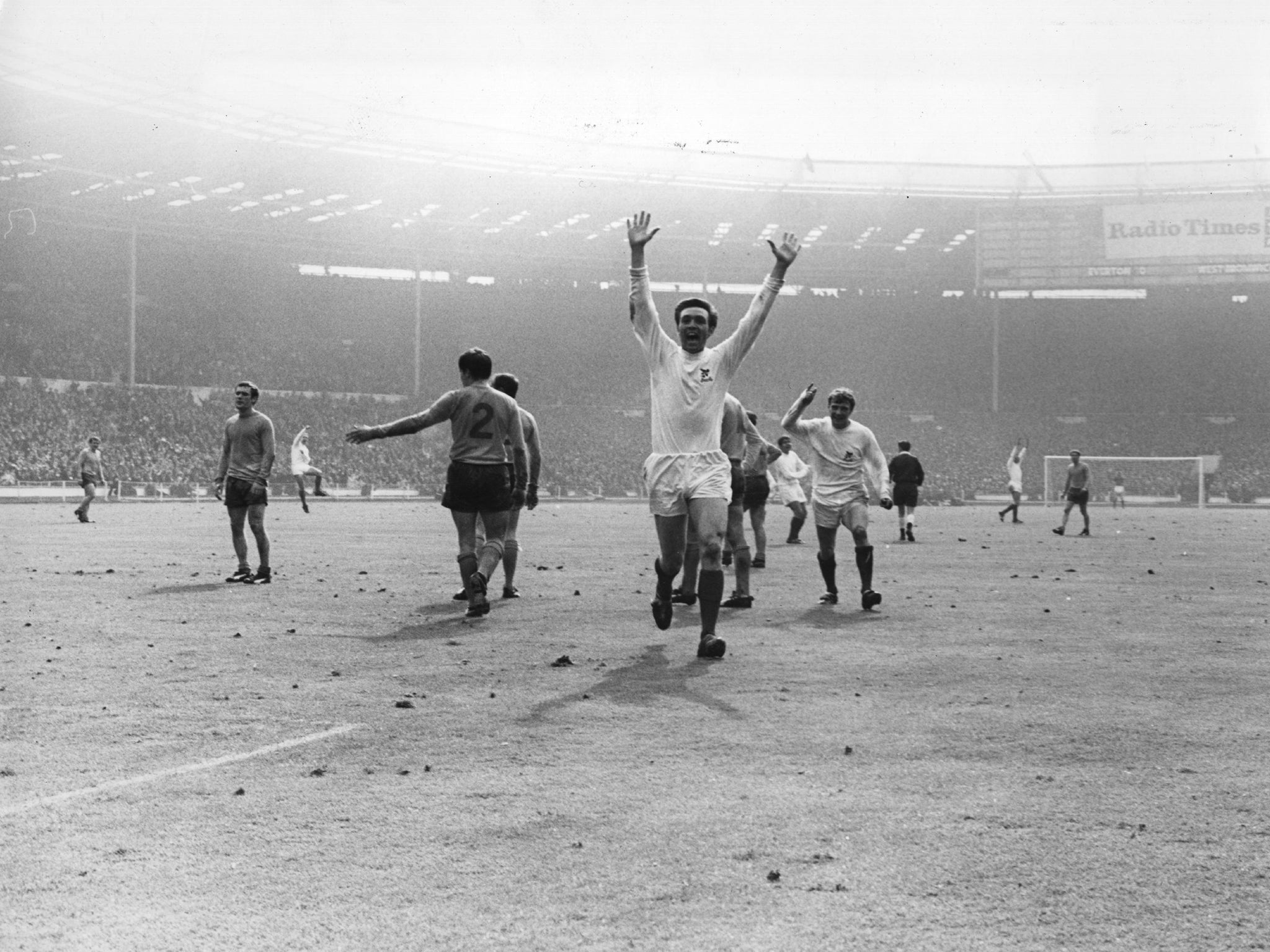 Jeff Astle raises his arms in victory after scoring the winning goal in West Brom's 1-0 win over Everton after extra time in the 1968 FA Cup final