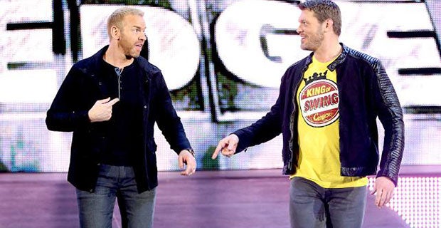 Edge and Christian make their way out at the start of Smackdown