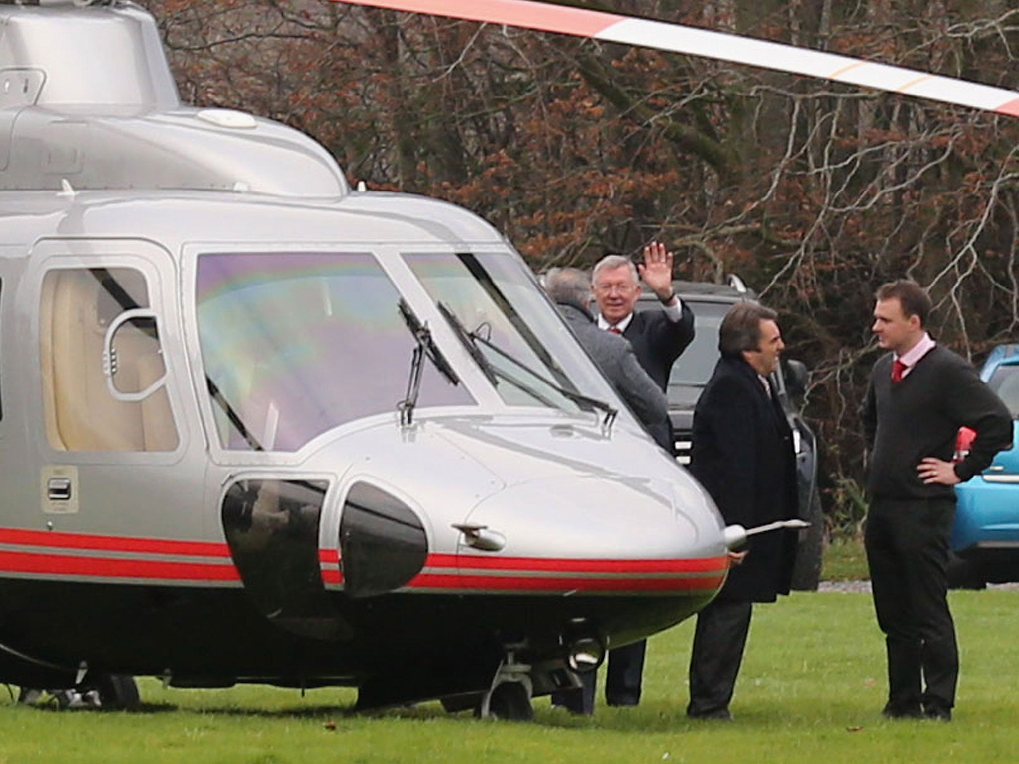 Sir Alex Ferguson former manager of Manchester United arrives by helicopter ahead of the FA Cup third round match between Yeovil Town and Manchester United at Huish Park