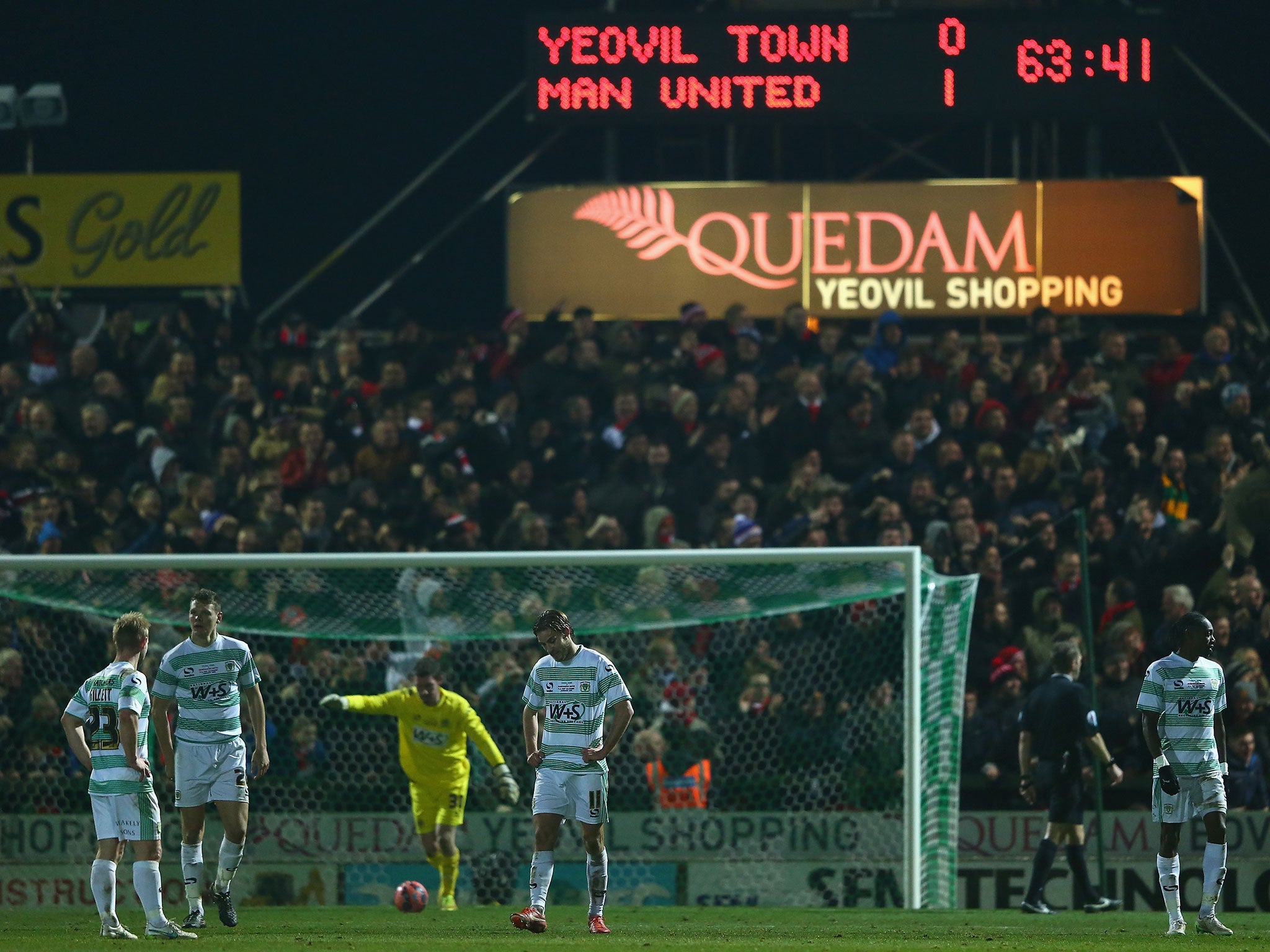 Yeovil players react after Herrera's goal