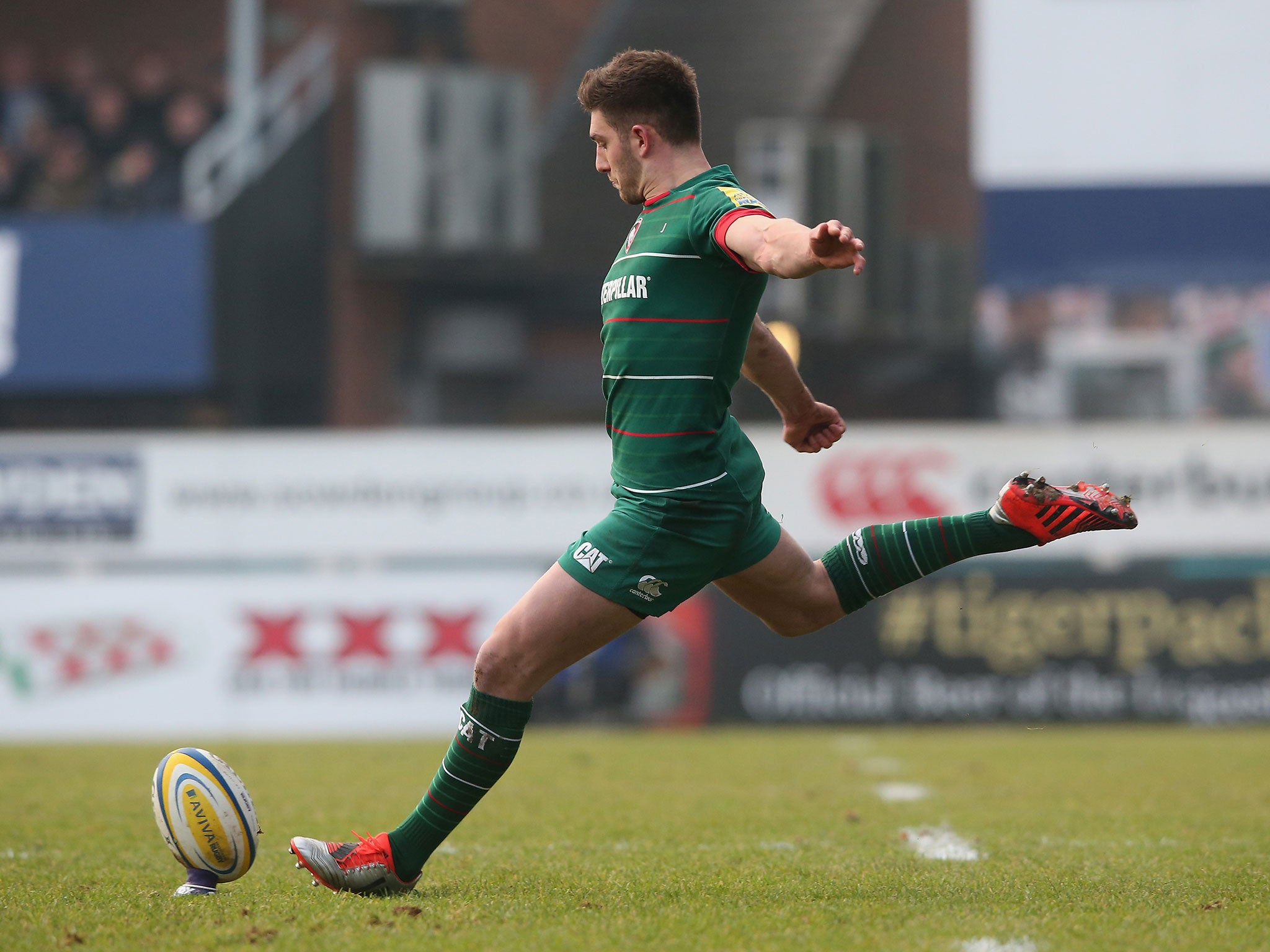 Owen Williams of Leicester kicks a penalty during the Aviva Premiership match between Leicester Tigers and Bath