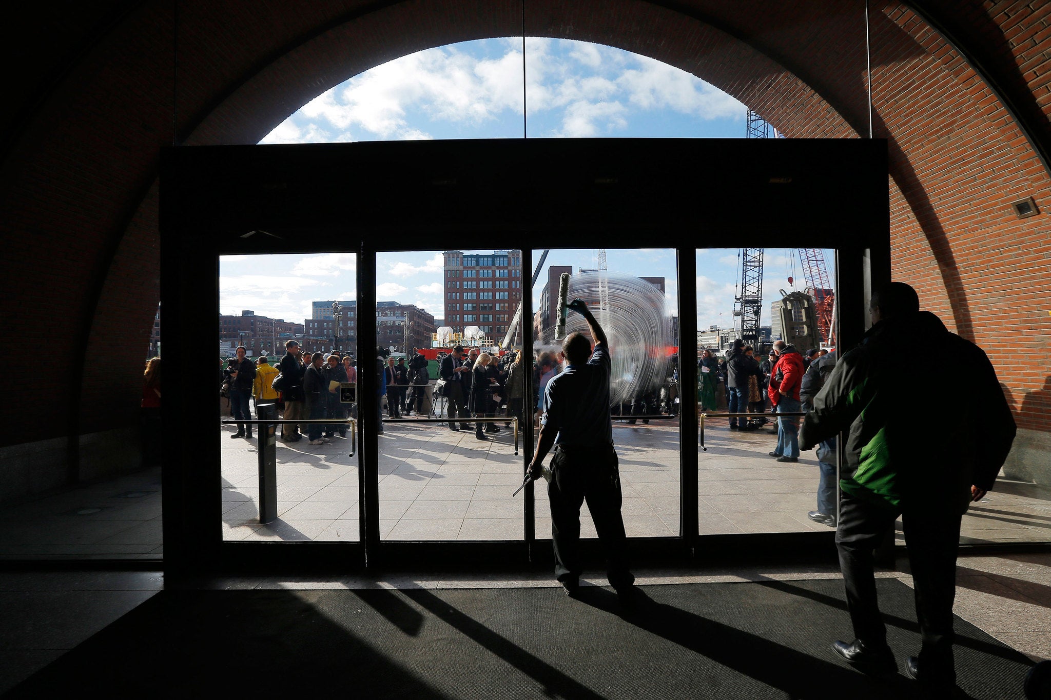 Media outside Boston courthouse after pre-trial hearing for Dzhokhar Tsarnaev on December 18, 2014.