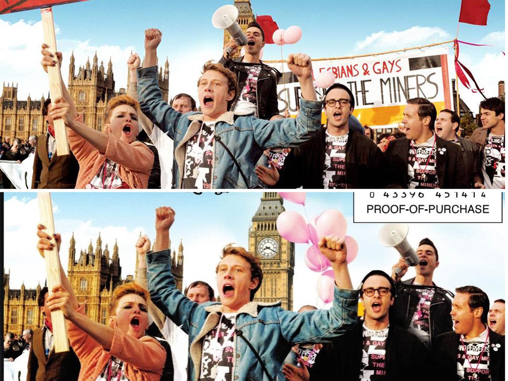 UK promotional material, top, shows the banner reading ‘Lesbians & gays support the miners’. The back of the US DVD box, bottom, does not