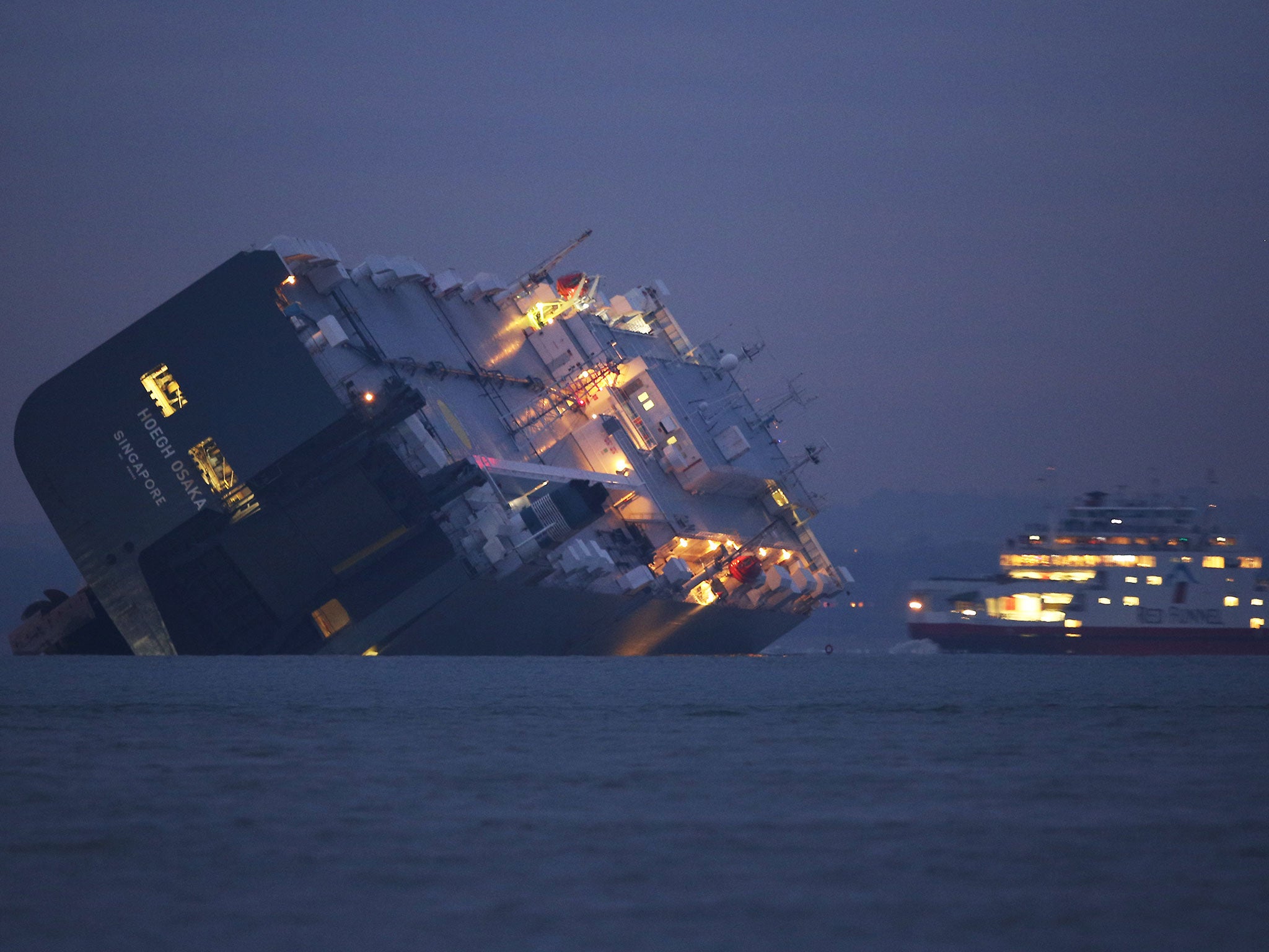 The ‘Hoegh Osaka’ cargo ship was deliberately run aground on a sand bank in the Solent