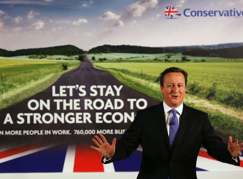 Prime Minister David Cameron launches the conservative party's first election campaign poster at Dean Clough Mill in Halifax, England. The poster depicts a long straight road running through the countryside with the slogan "Let's stay on the road to a str