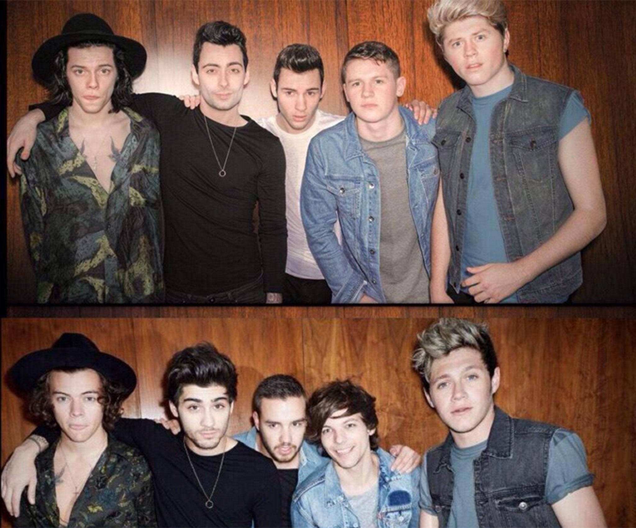 Tribute band One and Only Direction (above) and the real One Direction deal (below)