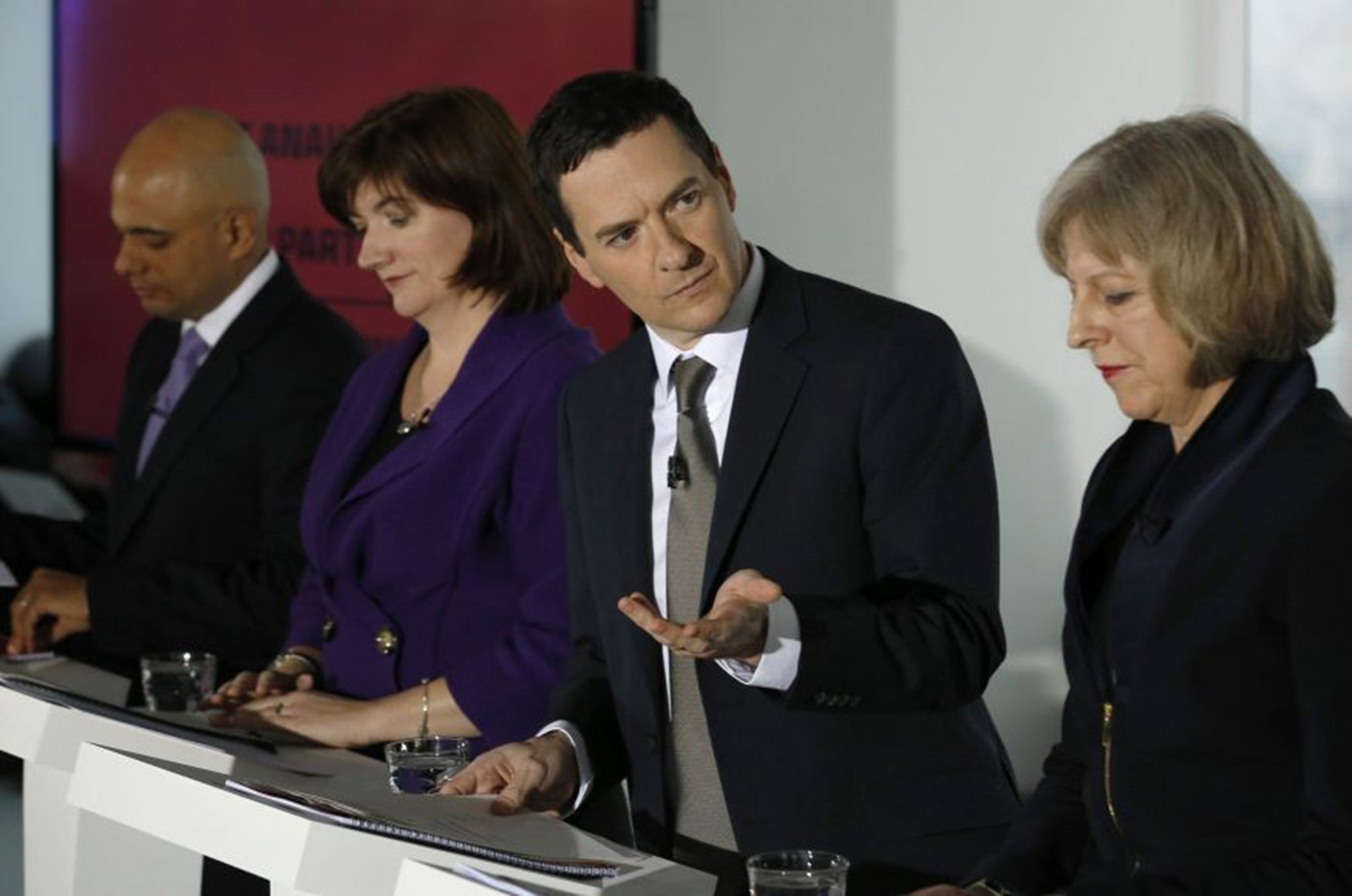 The Chancellor George Osborne (second right) gestures alongside Culture Minister Sajid Javid (left), Education Minister Nicky Morgan (second left) and Home Secretary Theresa May (right) as Britain's three main political parties began campaigning in earnest