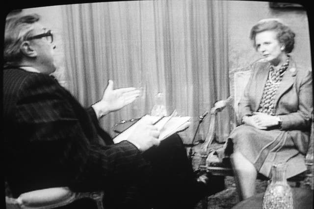 Robin Day interviews British Prime Minister Margaret Thatcher for the BBC Panorama television show on April 09, 1984