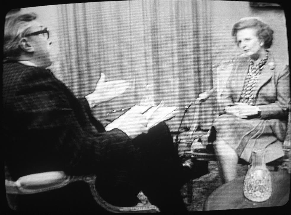 Robin Day interviews British Prime Minister Margaret Thatcher for the BBC Panorama television show on April 09, 1984
