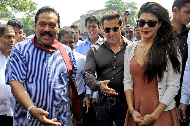 Mahinda Rajapaksa (left) with Bollywood supporters Salman Khan and Jacqueline Fernandez 