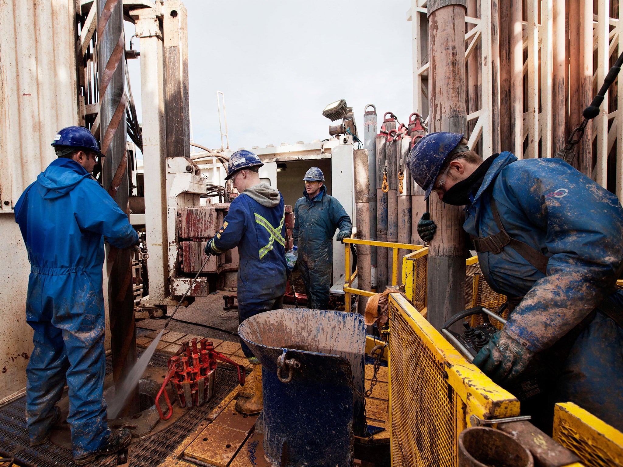 Engineers on the drilling platform of a Cuadrilla shale fracking facility in Preston, Lancashire, in 2012