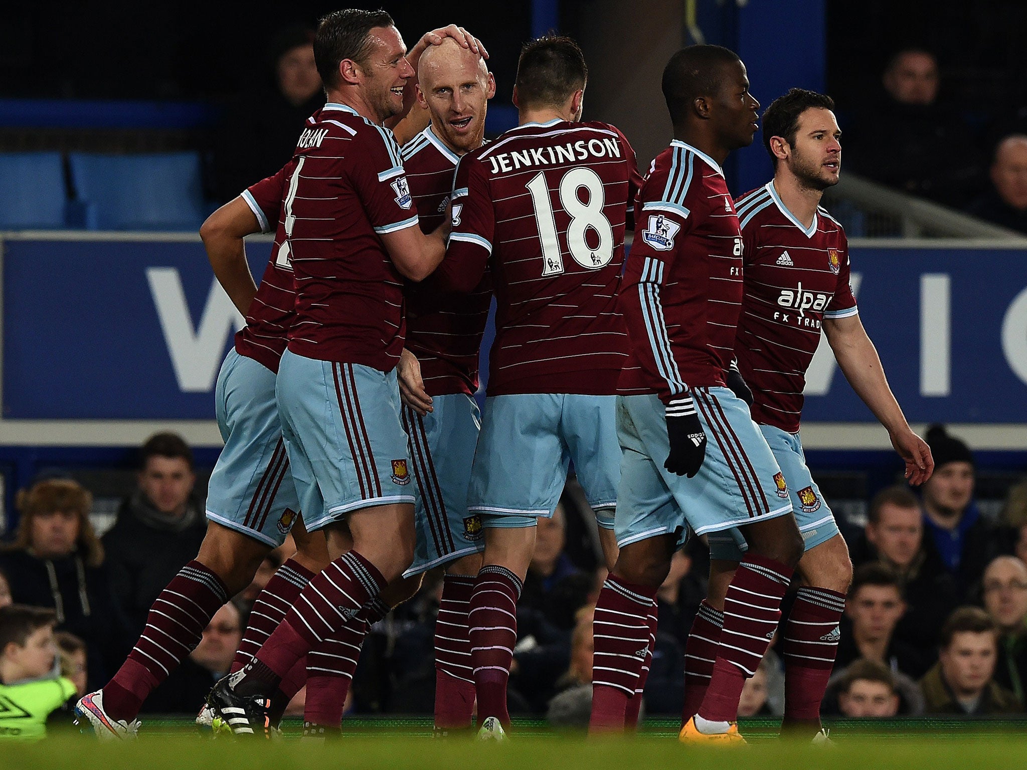 James Collin is congratulated by teammates after giving West Ham the lead (Getty)