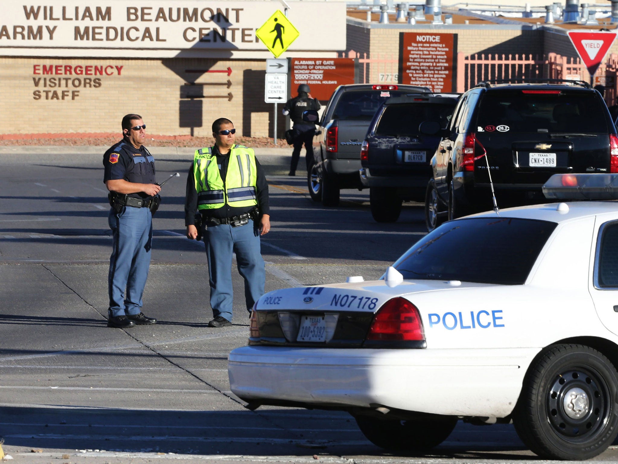 El Paso police block off an entrance to the Beaumont Army Medical Center