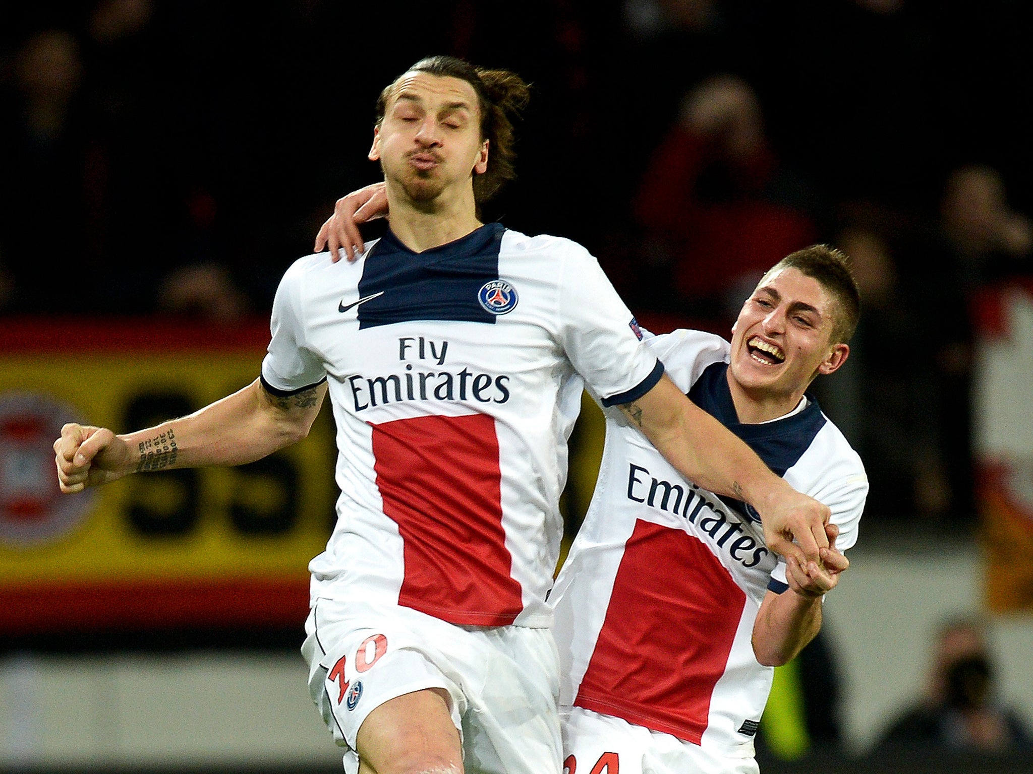 Verratti celebrates a goal with the striker