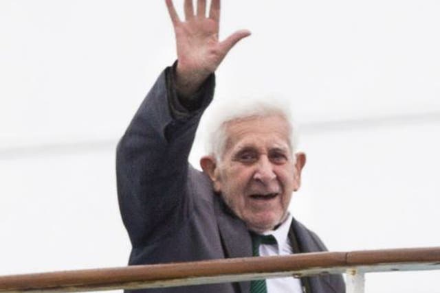 Jordan boards the ferry on his way home from Normandy in June 2014