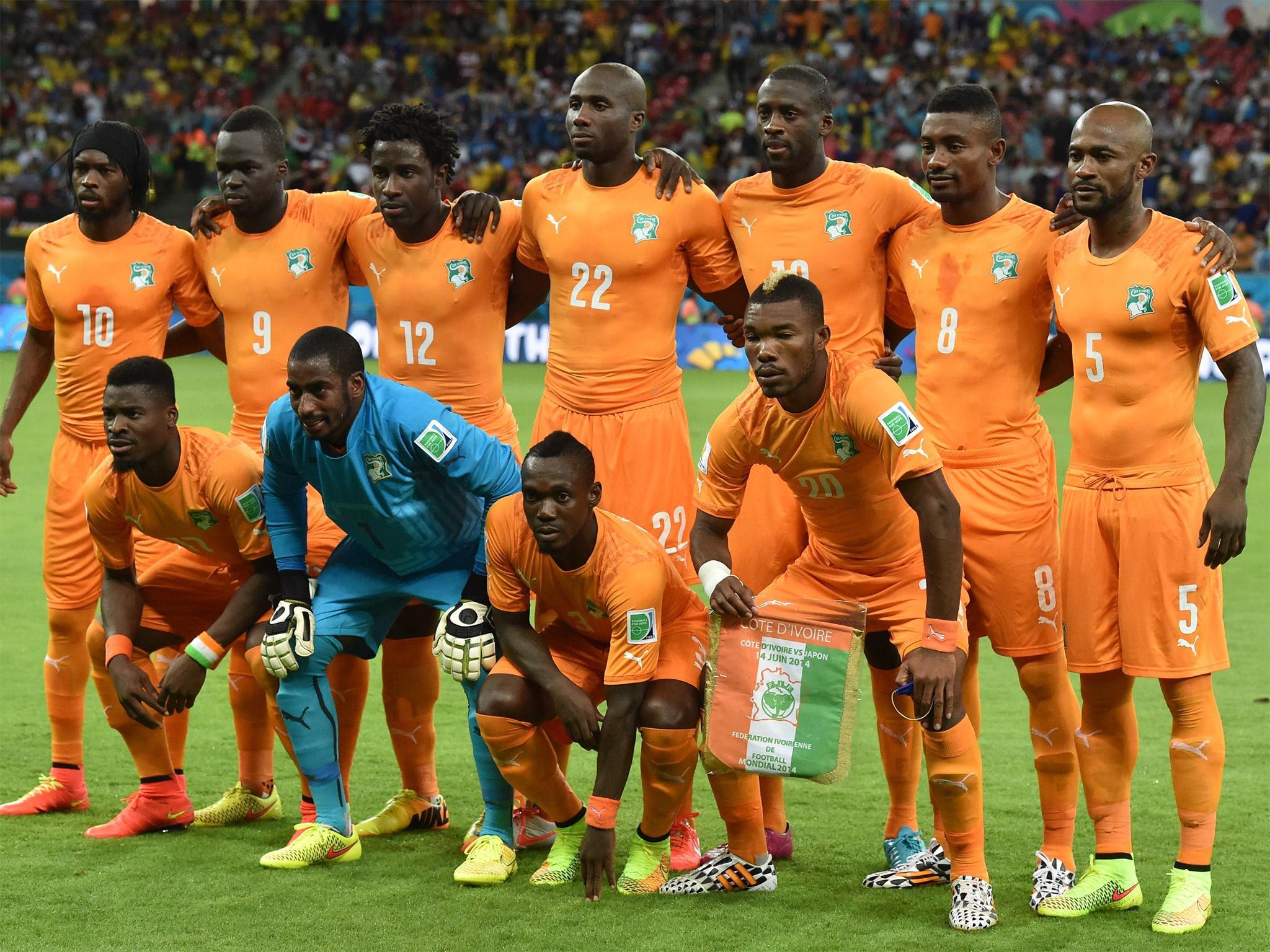 Ivory Coast feature a number of Premier League stars, including Cheick Tioté (back, second from left), Wilfried Bony (third left) and Yaya Touré (fifth left)