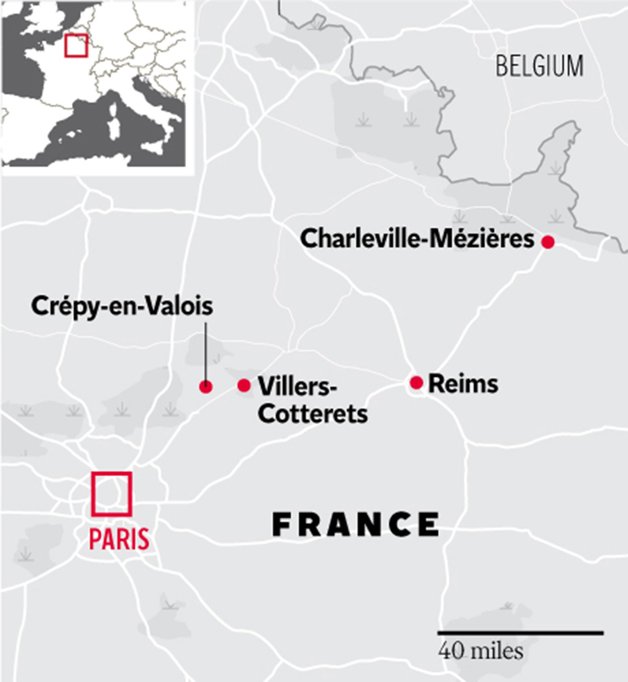 Pictured is a map of the current areas of interest involving the Charlie Hebdo attack and the hunt for the suspects