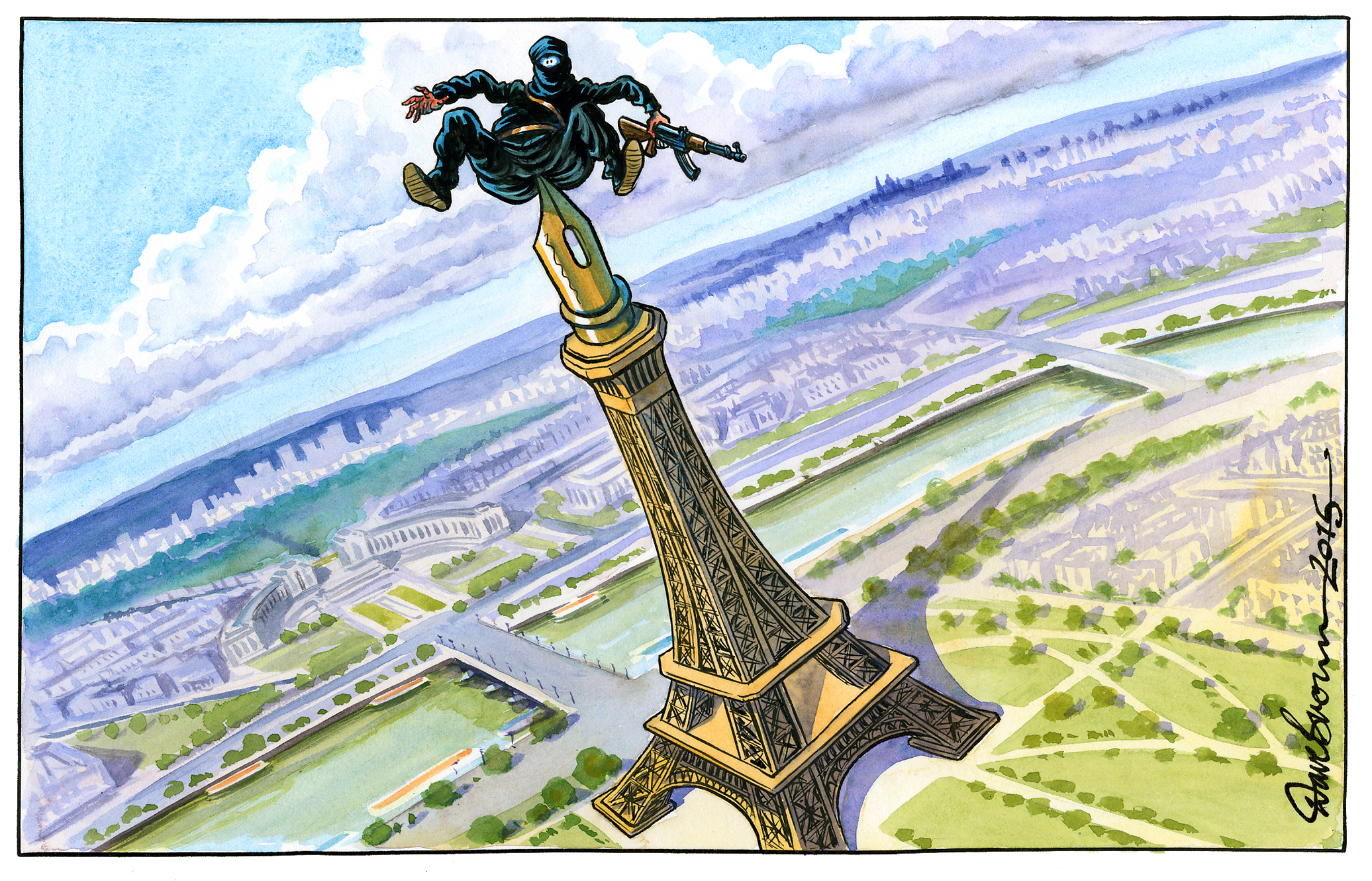 Political cartoonist Dave Brown's take on the Paris attack for the Friday 9 edition of The Independent