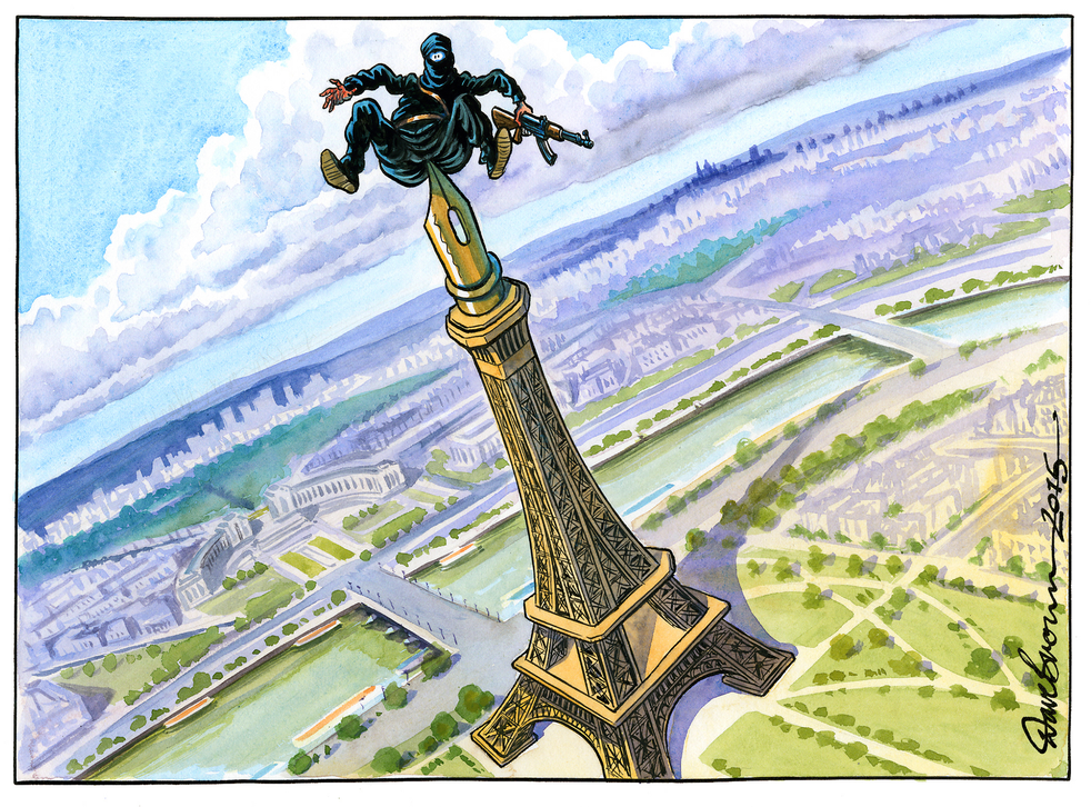 Dave Brown's illustrative take on the Paris attack for the Friday 9 edition of The Independent