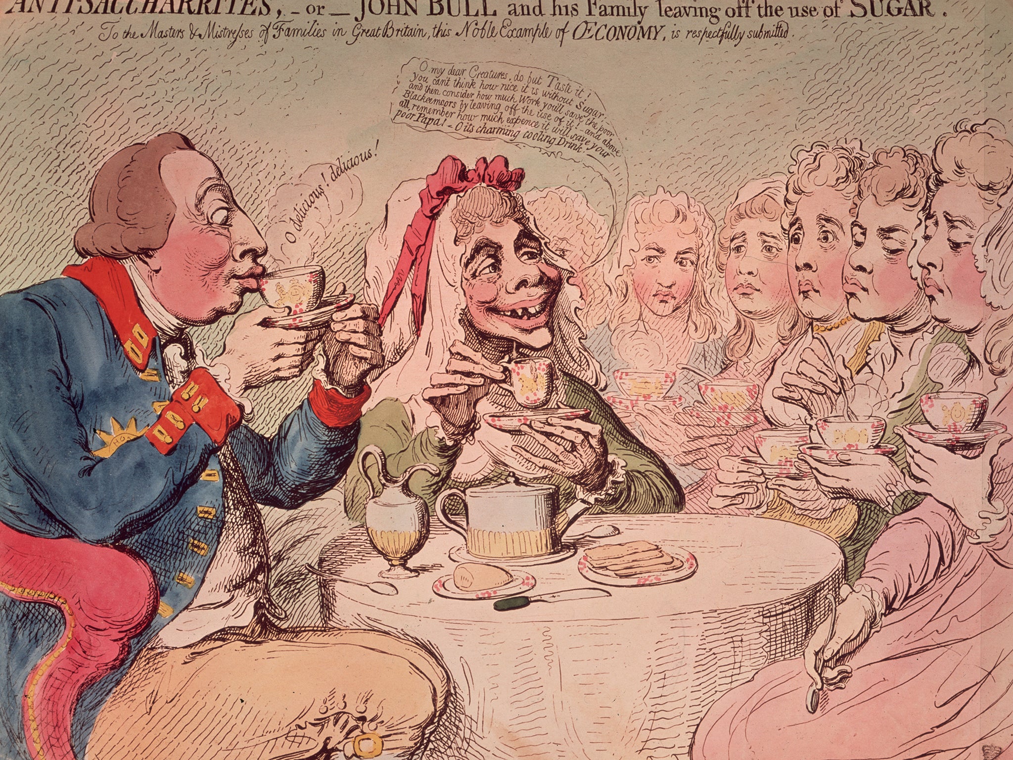 Circa 1792: 'John Bull and his family leaving off the use of sugar'. A rosy-cheeked couple, modelled on King George III and Queen Charlotte, advocate the consumption of unsugared tea, both for humanitarian and economical reasons