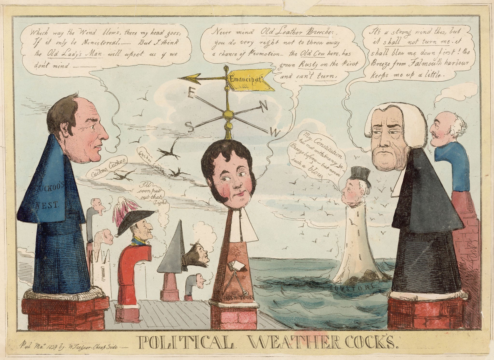 A cartoon from 1829 depicting leading political figures as weathervanes, lighthouses and chimneycaps, swaying in the wind