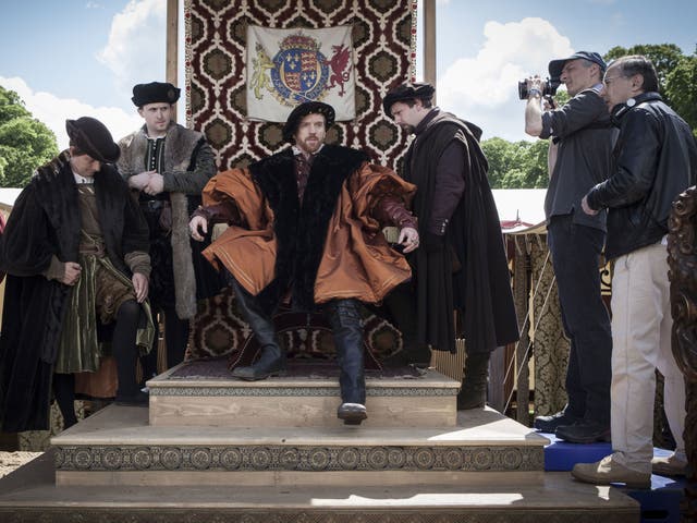 Damian Lewis shooting a scene as Henry VIII in Wolf Hall
