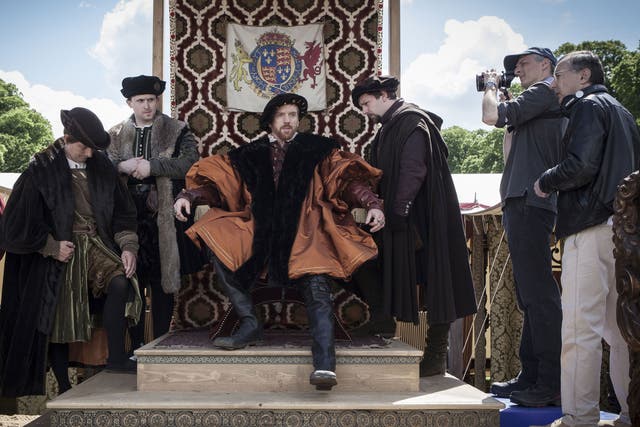 Damian Lewis shooting a scene as Henry VIII in Wolf Hall