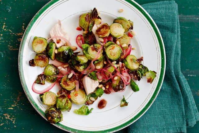Brussels sprouts and chicken salad with agrodolce dressing