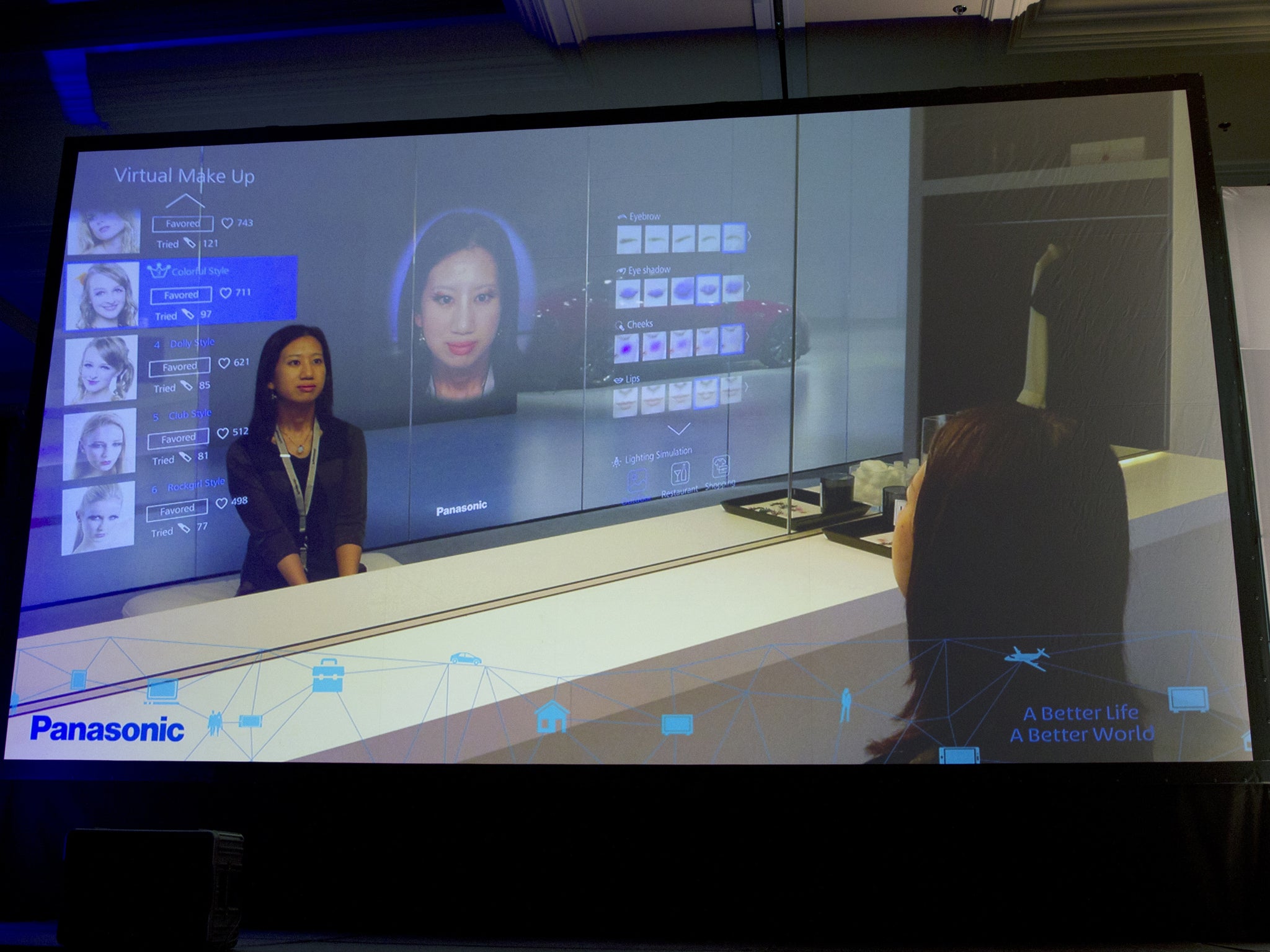 A display shows Panasonic's virtual make-up mirror at a Panasonic news conference during the 2015 International Consumer Electronics Show (CES) in Las Vegas, Nevada January 5, 2015. The technology will allow users to try out different looks without actual