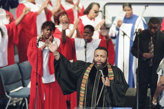 Crouch sings at the New Christ Memorial Church in Los Angeles, where he was pastor, in 1996