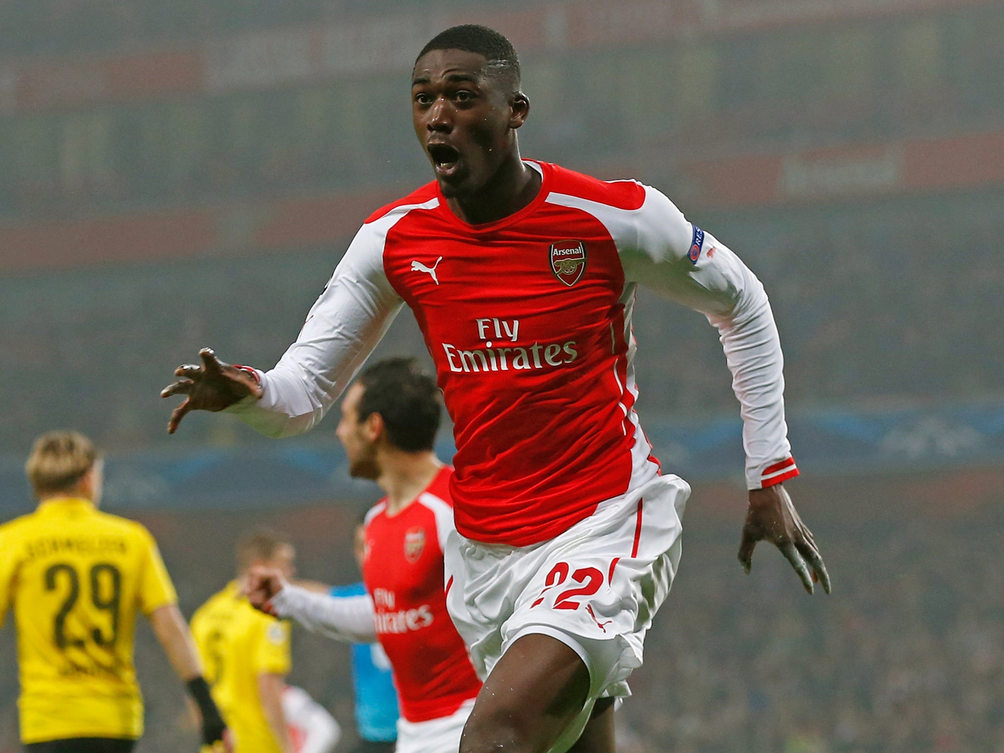 Yaya Sanogo celebrates his sole Arsenal goal - against Borussia Dortmund back in November