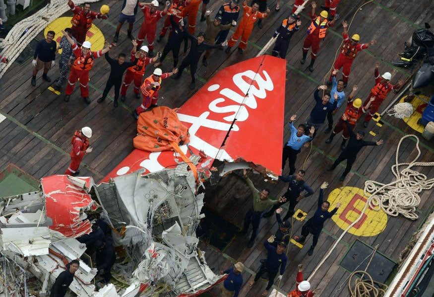 The tail of the AirAsia plane after it was pulled out of the sea on 10 January 2015