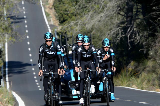 Chris Froome, left, on the road with his Sky team-mates during media event in Majorca