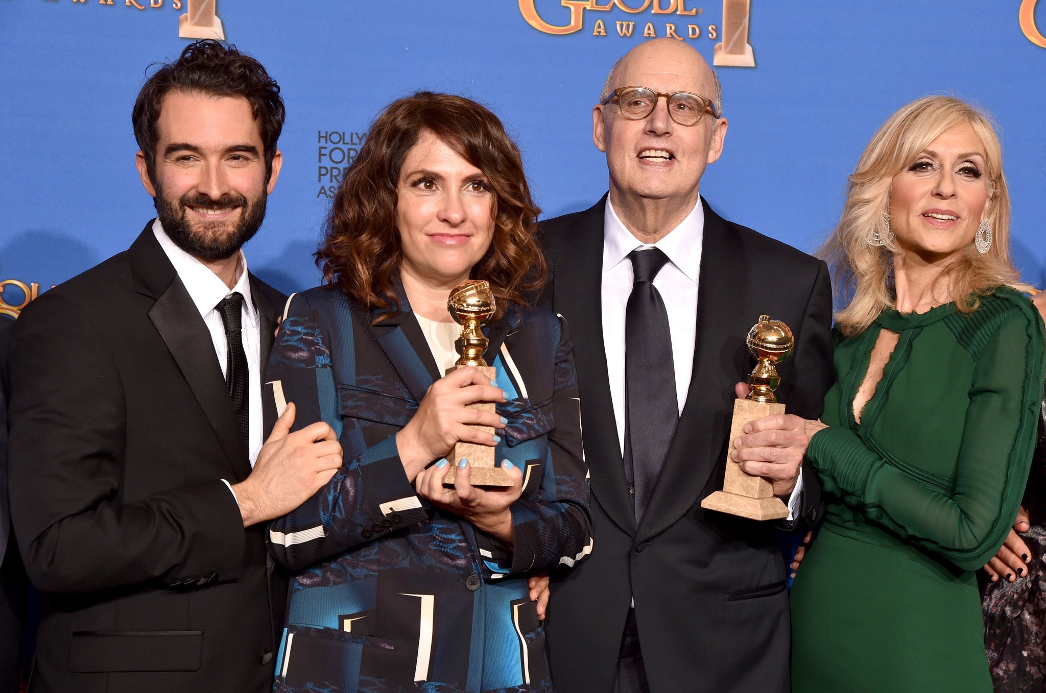 Actor Jay Duplass, writer/producer/director Jill Soloway, actors Jeffrey Tambor and Judith Light, winners of Best Actor in a Television Series Musical or Comedy for 'Transparent'